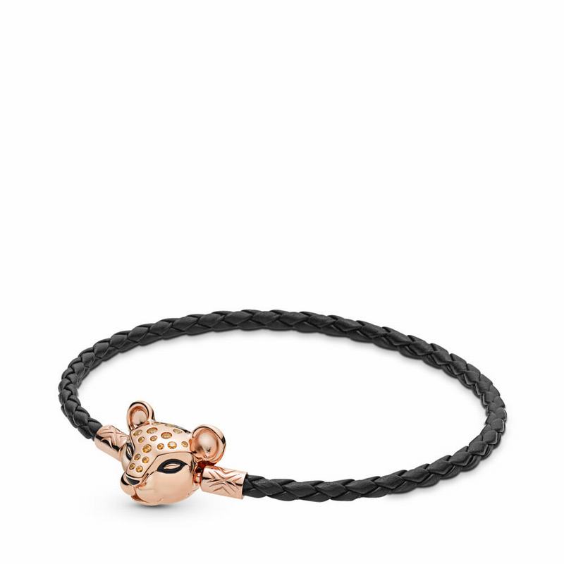 Pandora Rose™ Sparkling Lion Princess, Woven Leather Bracelet Ireland - Pandora Rose/Leather/Black/C